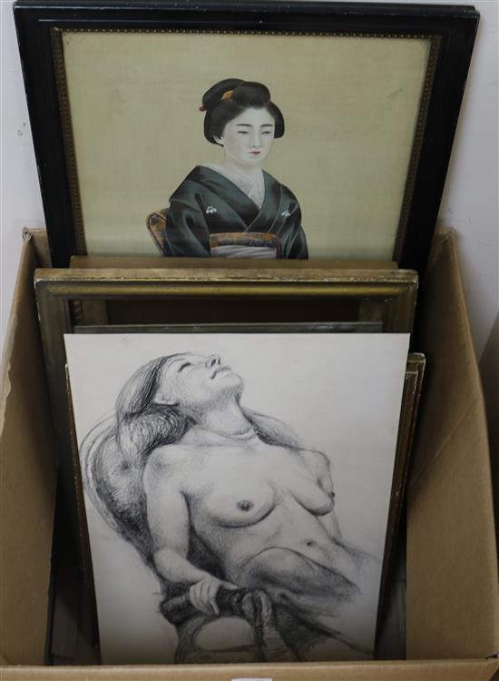 A quantity of mixed pictures and prints including a Japanese study of a geisha 62 x 29cm